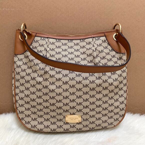 MICHAEL KORS JET SET Logo Nat'l/Acorn Large Pleated NS Convertible Shoulder Bag - Picture 16 of 16